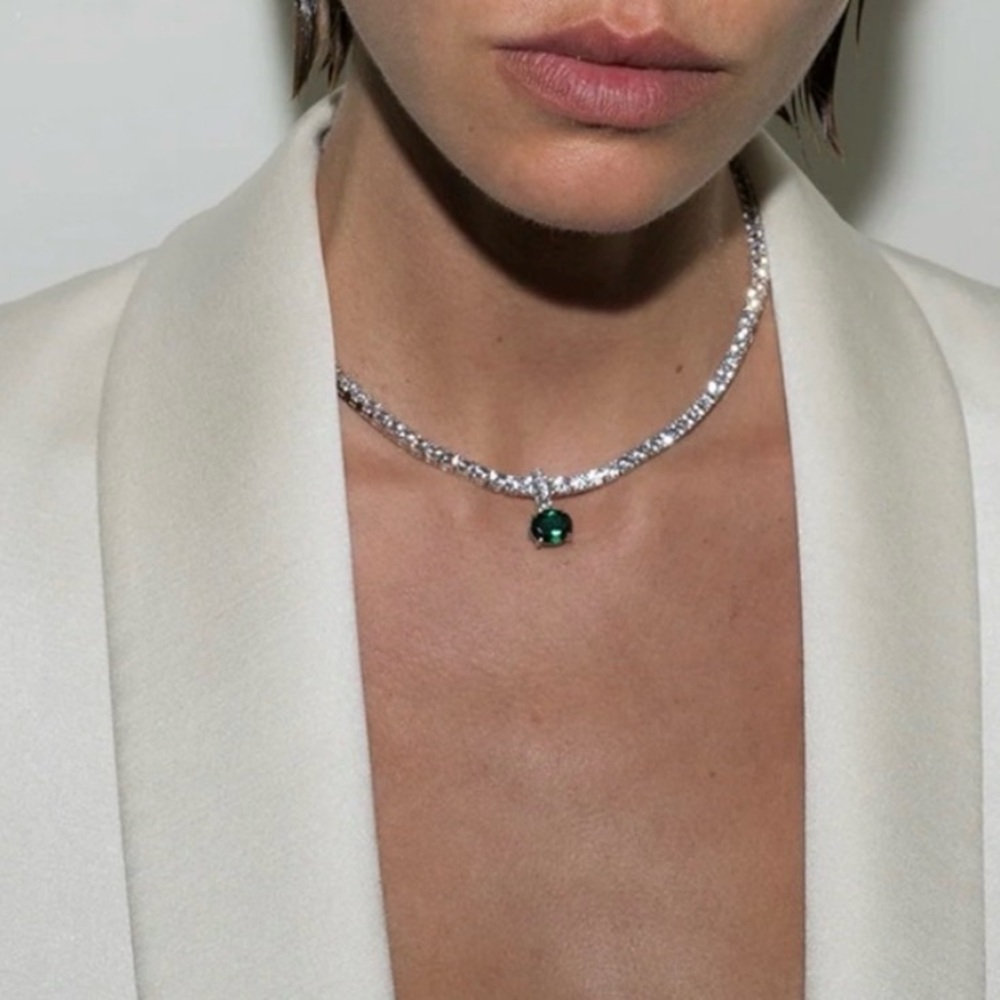 KATE RIVIÈRE NECKLACE IN 3.75MM LAB WHITE SAPPHIRE 16in with emerald pendant - Picture 4 of 10